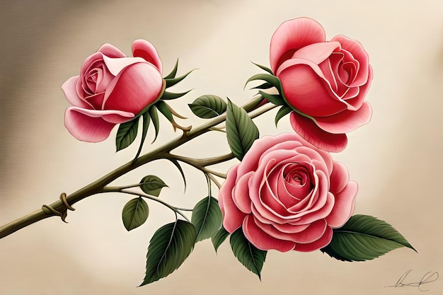 Une peinture de roses roses avec des feuilles vertes et le mot roses dessus.