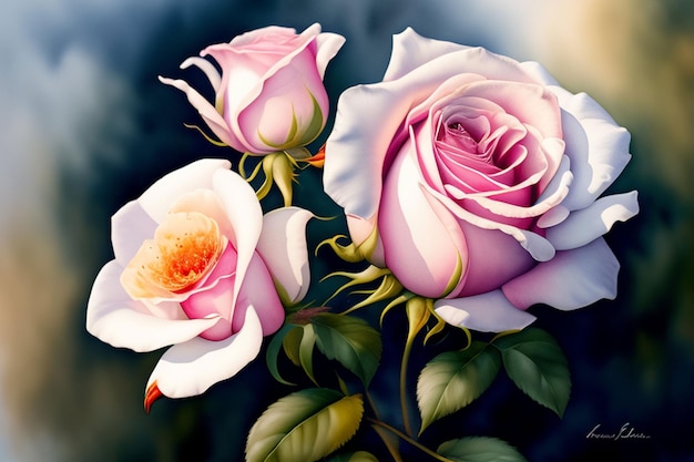 Une peinture de roses roses avec le mot amour dessus