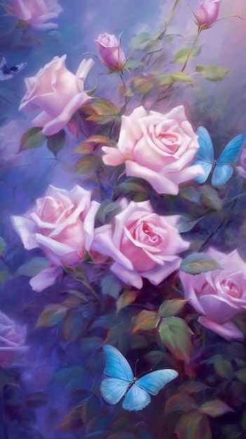 Une peinture de roses roses avec un papillon bleu sur la gauche.