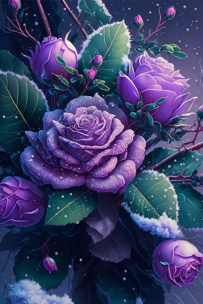 Peinture de roses violettes dans la neige ai générative