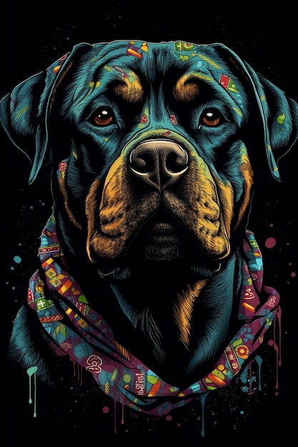 Une peinture d’un rottweiler avec un bandana coloré.