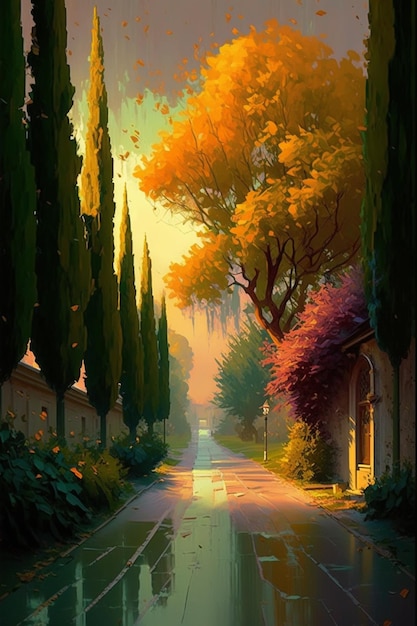 Une peinture d'une route avec des arbres en automne