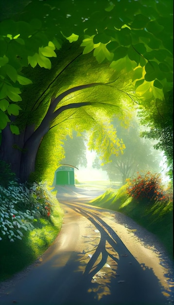 Peinture d'une route au milieu d'une forêt ai générative