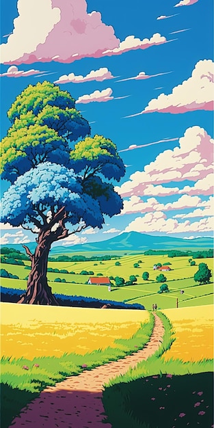 Une peinture d'une route de campagne avec un arbre au premier plan.