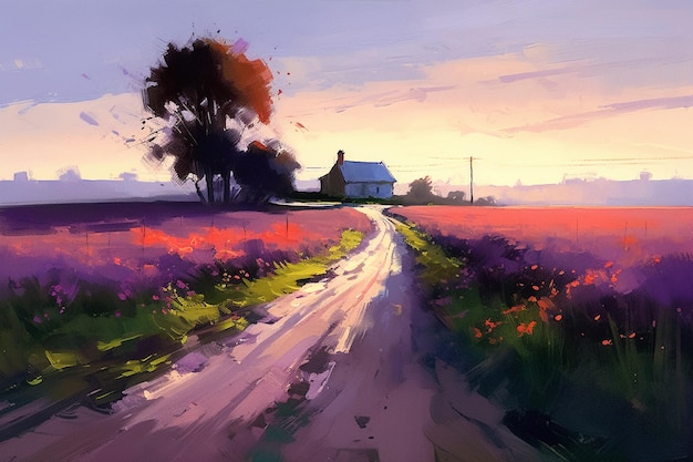 Une peinture d'une route de campagne menant à un champ de fleurs.