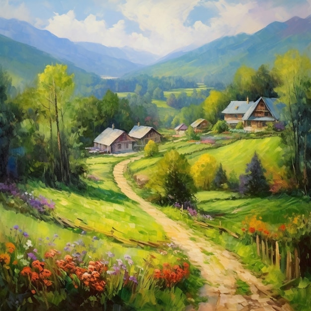 Peinture d'une route de campagne menant à une ferme avec une montagne en arrière-plan ai générative