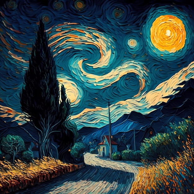 Une peinture d'une route avec un ciel étoilé et la lune.