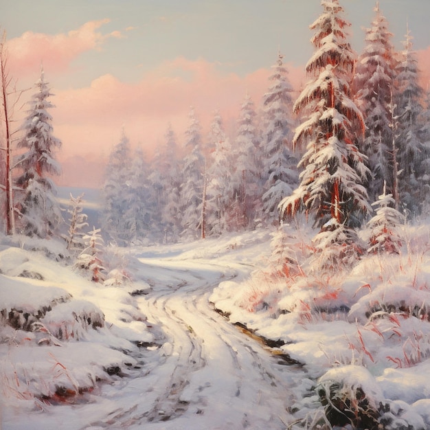 peinture d'une route enneigée dans une forêt avec des arbres et une IA génératrice de neige