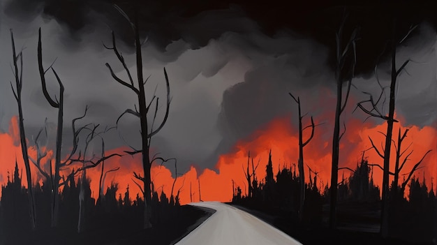 Une peinture d'une route avec une forêt en feu en arrière-plan.