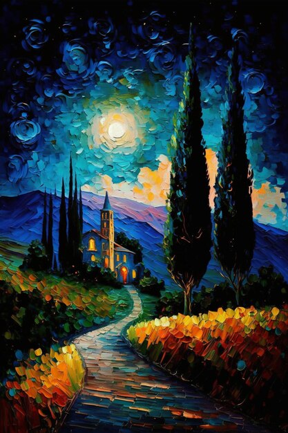 Une peinture d'une route menant à une maison avec une lune en arrière-plan.