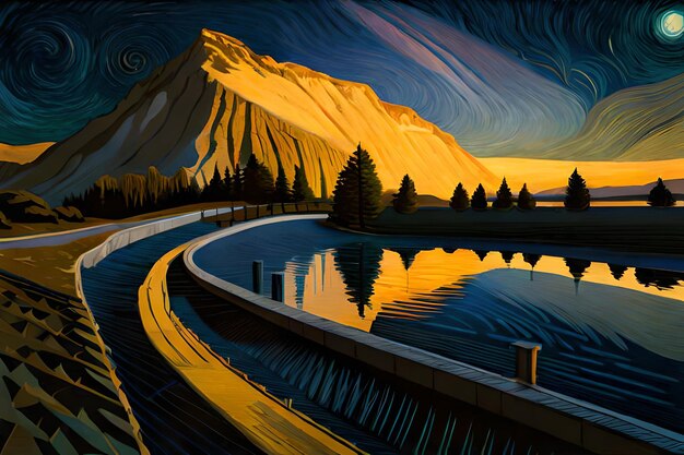 Photo une peinture d'une route avec des montagnes en arrière-plan.