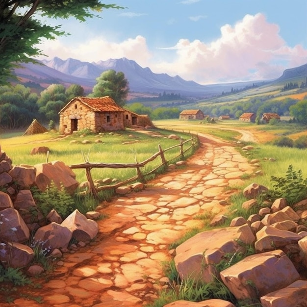 peinture d'une route rurale avec un chemin en pierre menant à une maison en pierre générative ai.