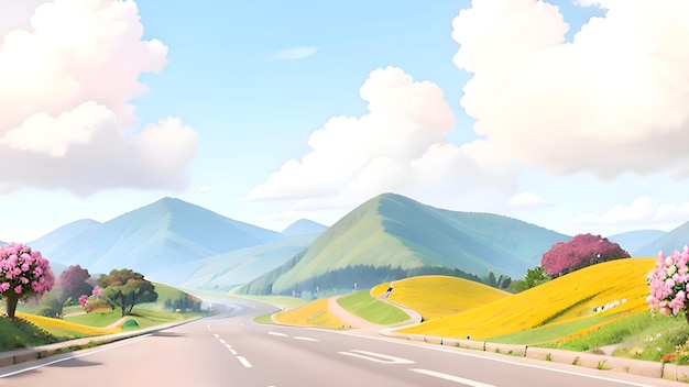 Une peinture d'une route avec une vue sur les montagnes et les nuages