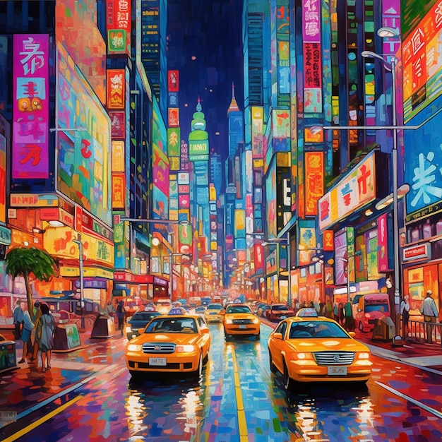 Une peinture d'une rue animée avec beaucoup de taxis.