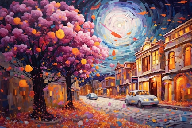 Une peinture d'une rue avec un arbre au premier plan et un bâtiment avec une lune en arrière-plan.