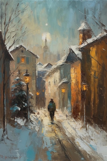 Une peinture d'une rue enneigée avec un homme marchant dans la neige.