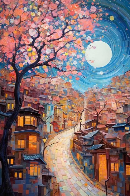 Une peinture d'une rue avec une lune et un arbre avec des feuilles.