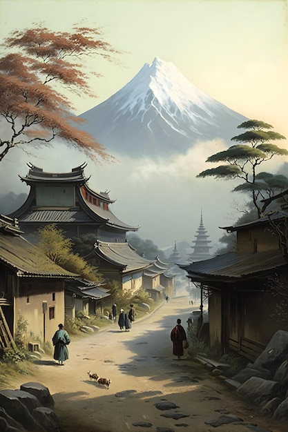 Une peinture d'une rue avec une montagne en arrière-plan.