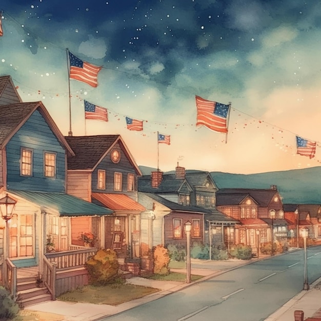 Peinture d'une rue avec une rangée de maisons et des drapeaux américains