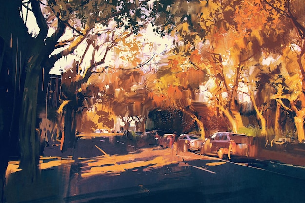 peinture de la rue de la ville en automne