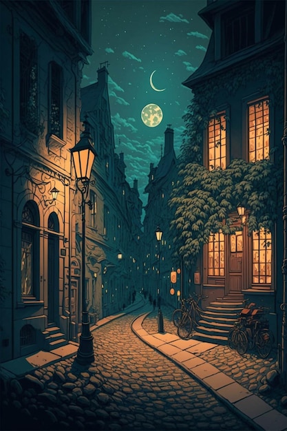 Peinture d'une rue de la ville la nuit ai générative