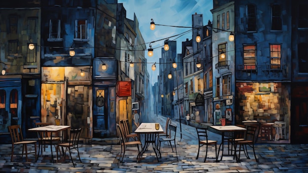 Une peinture d'une rue de ville avec des tables