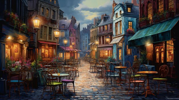 Une peinture d'une rue de ville avec des tables