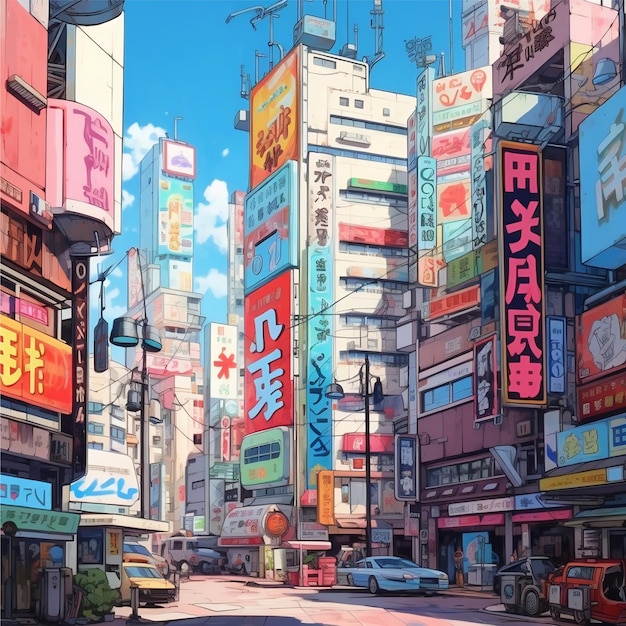Une peinture d'une rue de la ville de Tokyo avec un panneau d'affichage