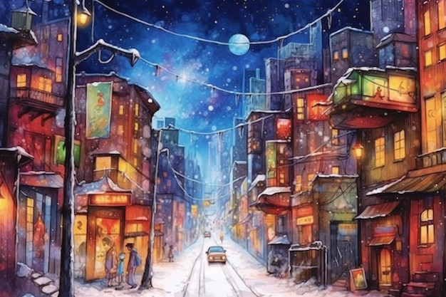 Peinture d'une rue de la ville avec une voiture sur la route et une pleine lune ai générative