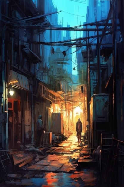 Une peinture d'une ruelle sombre avec un homme marchant dans le noir.