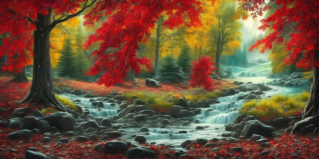 Une peinture d'un ruisseau avec une cascade et un arbre aux feuilles rouges.