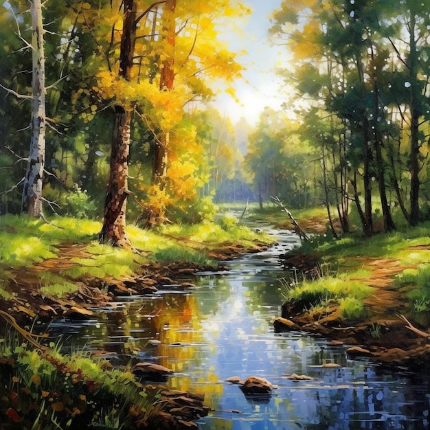 Une peinture d'un ruisseau dans les bois avec le soleil qui brille dessus.