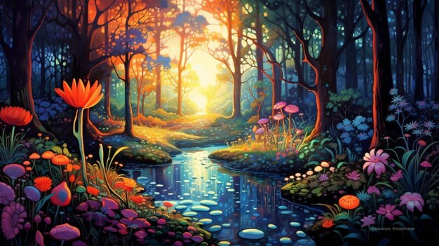 Peinture d'un ruisseau dans une forêt avec des fleurs et des arbres génératifs ai