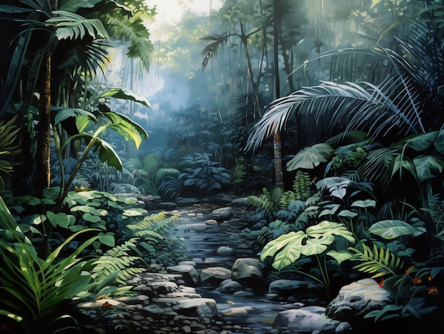 Une peinture d'un ruisseau dans la jungle