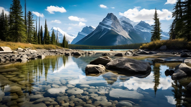 Une peinture d'un ruisseau de montagne avec des arbres