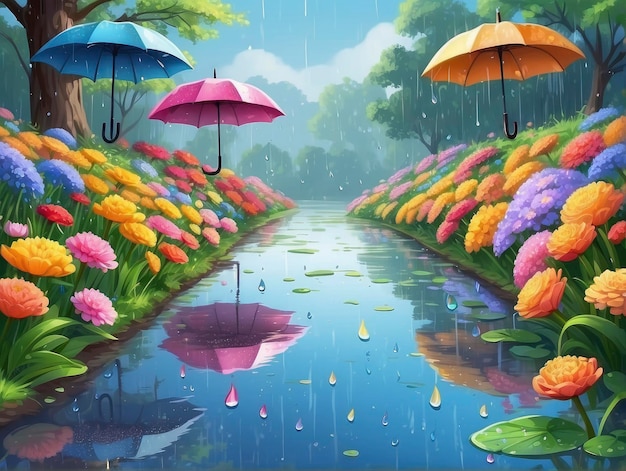 une peinture d'un ruisseau avec des parapluies dans la pluie et des fleurs