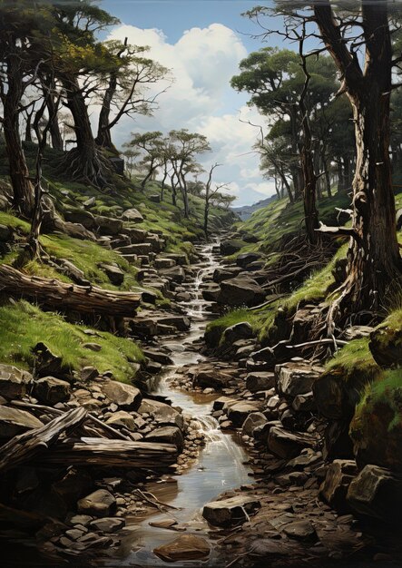 Photo une peinture d'un ruisseau qui a un ruisseau d'eau qui le traverse