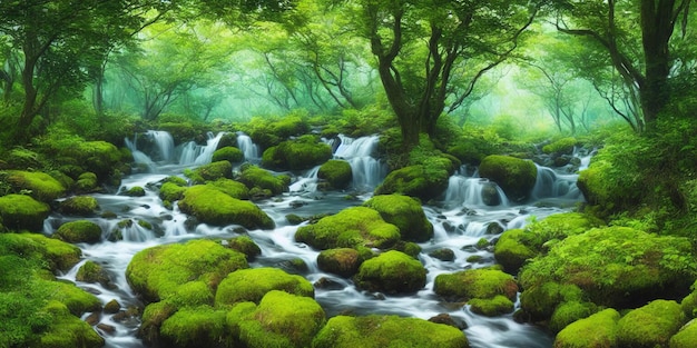 Une peinture d'un ruisseau avec des rochers couverts de mousse et une chute d'eau.