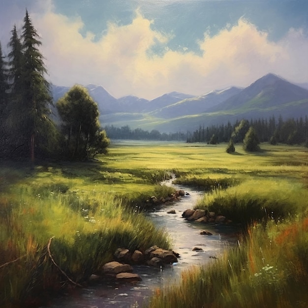 Peinture d'un ruisseau traversant un champ vert luxuriant avec des montagnes en arrière-plan
