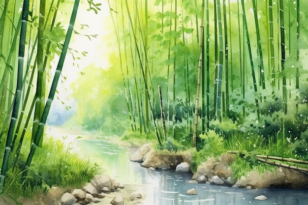 Peinture d'un ruisseau traversant une forêt verte luxuriante remplie d'arbres génératifs ai