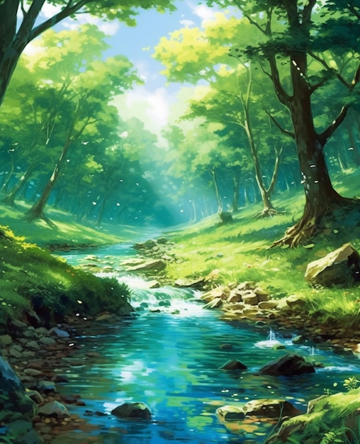 Une peinture d'un ruisseau traversant une forêt verte luxuriante