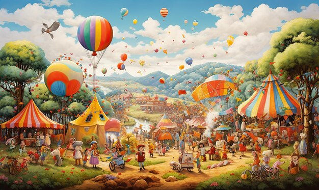 Une peinture d'une scène colorée avec des ballons dans le ciel.