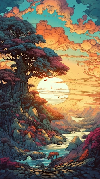 Une peinture d'une scène de coucher de soleil avec un arbre et une rivière ai générative