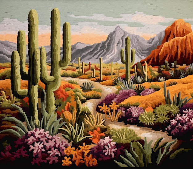 peinture d'une scène de désert avec des cactus et des montagnes ai générative