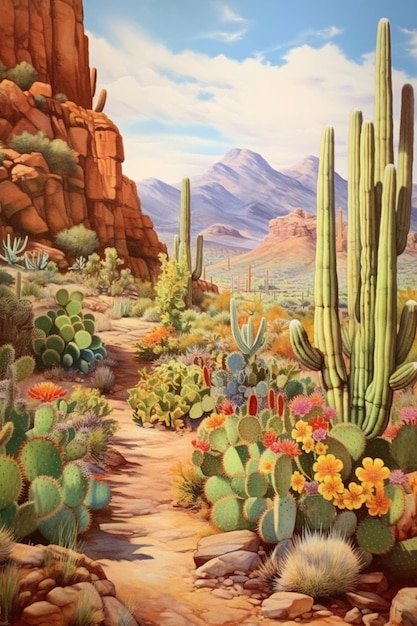 Peinture d'une scène de désert avec des plantes de cactus et des montagnes ai générative