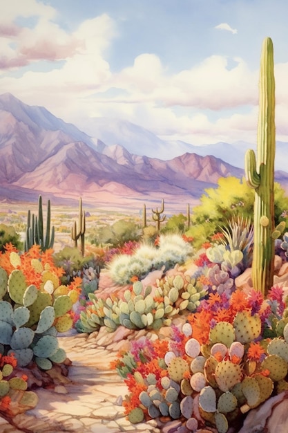 Peinture d'une scène désertique avec des cactus et des montagnes en arrière-plan ai générative