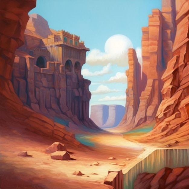 Peinture d'une scène désertique avec un pont et une rivière ai générative