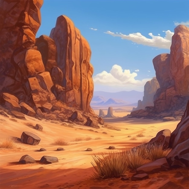 Peinture d'une scène désertique avec des rochers et de l'herbe au premier plan ai générative