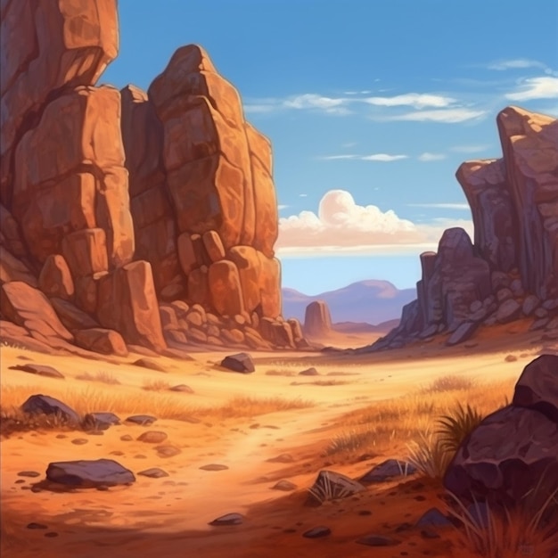 Peinture d'une scène désertique avec des rochers et de l'herbe au premier plan ai générative