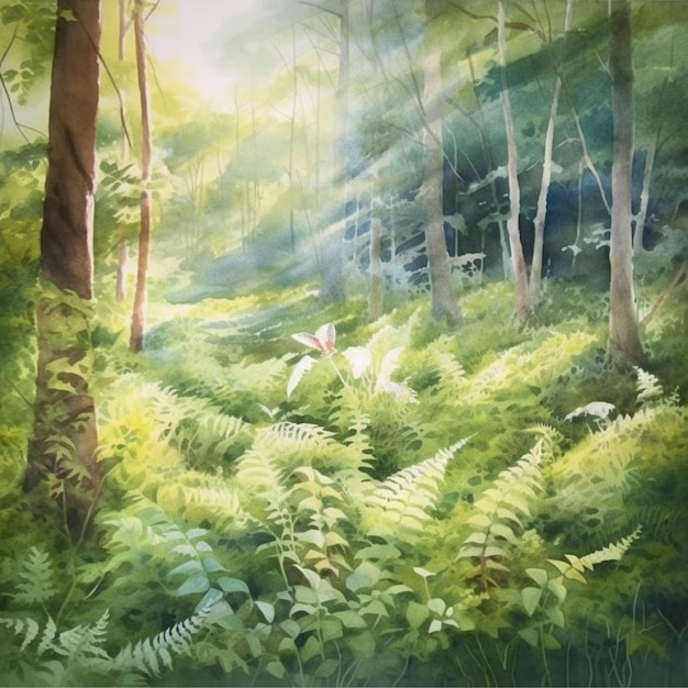 peinture d'une scène forestière avec un cerf et des fougères